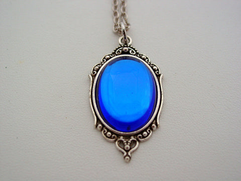 Art Nouveau Sapphire Blue Necklace Vintage Czech Smooth Glass Picture Frame Design Necklace