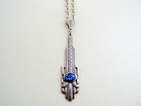 Art Deco Style Blue Fire Opal Necklace, Drop Necklace, Art Deco Sea Blue Necklace