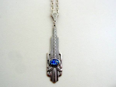Art Deco Style Blue Fire Opal Necklace, Drop Necklace, Art Deco Sea Blue Necklace