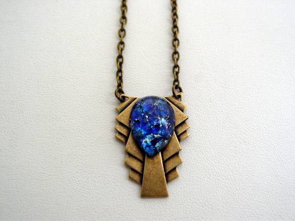Art Deco Style Sea Blue Fire Opal Necklace, Drop Necklace