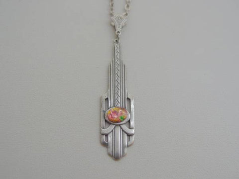 Art Deco Style Pink Fire Opal Necklace, Drop Necklace, Art Deco Pink Yellow Fire Opal Necklace