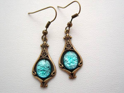 Art Nouveau Style Aqua Fire Opal Earrings, Vintage Glass Cabochon Earrings, Boutique Drop Earrings, Classic Art Nouveau Earrings