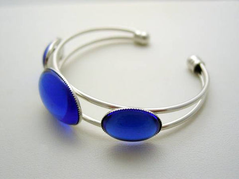 Sapphire Blue Triple Cuff Bracelet, Cuff Bracelet, Vintage Glass, Triple Stone, Rhodium Finish