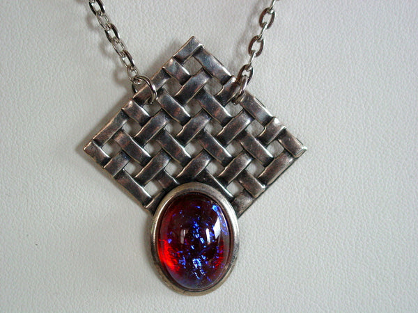 Art Nouveau Style Basket Weave Necklace, Dragons Breath  Fire Opal Necklace Pendant