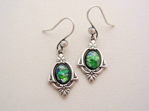 Art Deco Emerald Green Earrings, Fire Opal Earrings, Emerald Green Fire Opal Glass Earrings