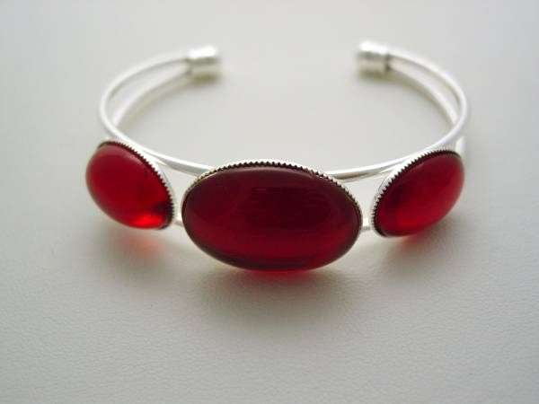 Ruby Red Triple Cuff Bracelet, Cuff Bracelet, Vintage Glass, Triple Stone, Rhodium Finish