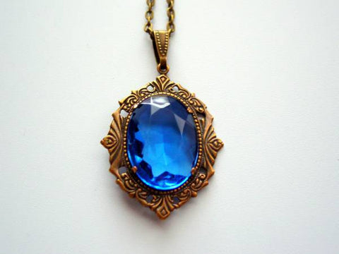 Art Deco Style Sapphire Faceted Crystal Necklace, Drop Necklace, Vintage Glass