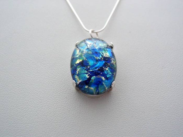 Sterling Silver Sea Blue Fire Opal Necklace, Snake Chain Necklace Sterling Silver Fire Opal Necklace