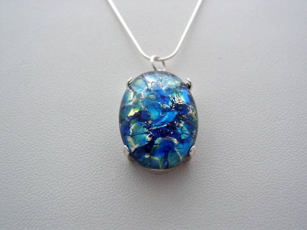 Sterling Silver Sea Blue Fire Opal Necklace, Snake Chain Necklace Sterling Silver Fire Opal Necklace