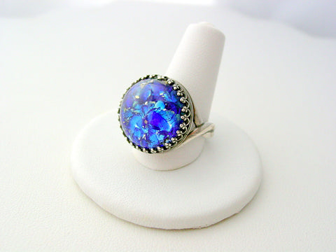 Fire Opal Crown Ring Sea Blue Crown Design Open Band Oxidized Finish Ring