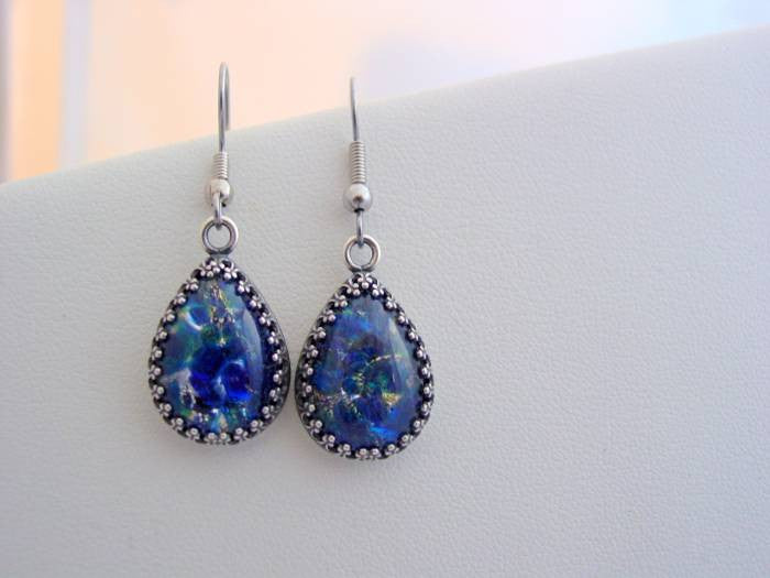 Fire Opal Earrings, Sea Blue Earrings, Crown Setting, Vintage Glass Earrings
