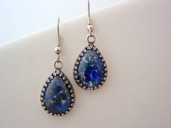 Fire Opal Earrings Sea Blue Earrings Crown Setting