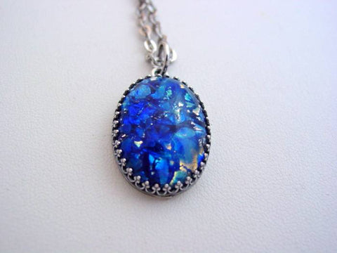 Fire Opal Necklace Sea Blue Vintage Fire Opal Crown Design Necklace Fire Opal Pendant