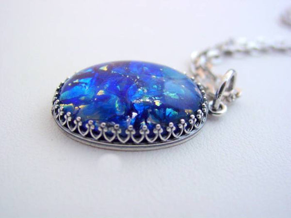 Fire Opal Necklace Sea Blue Vintage Fire Opal Crown Design Necklace Fire Opal Pendant
