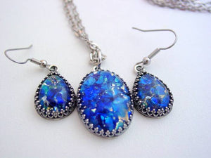 Fire Opal Earrings Necklace Set Sea Blue Crown Style Necklace & Earring Set