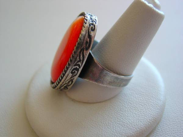 Orange Cat's Eye Engraved Ring Antique Silver Oxidized Finish