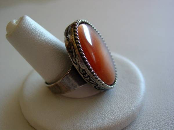 Orange Cat's Eye Engraved Ring Antique Silver Oxidized Finish
