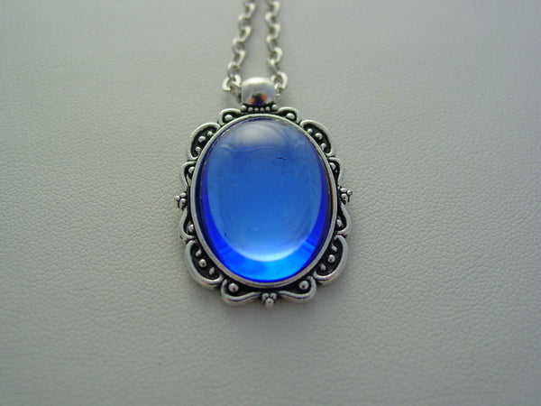Cobalt Blue Necklace Vintage Czech Smooth Glass Oval Filigree Picture Frame Style Necklace