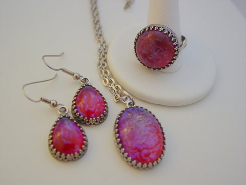 Victorian Style Dragons Breath Necklace Ring Earrings Set Fire Opal Crown Ring Necklace Earrings Set