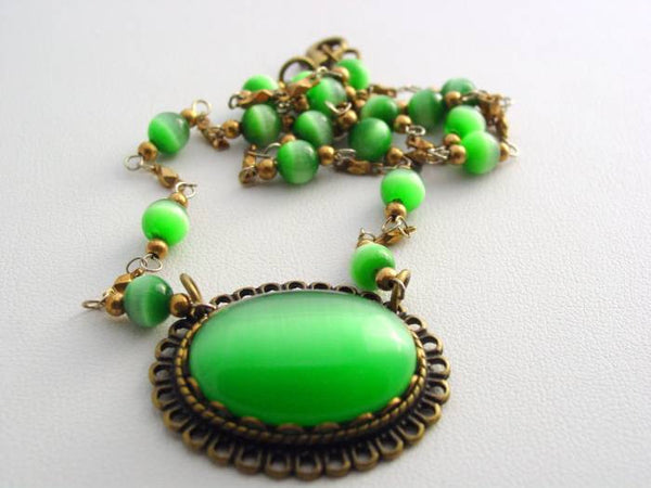 Cat's Eye Green Necklace Beaded Chain Green Cats Eye Antique Bronze Drop Necklace