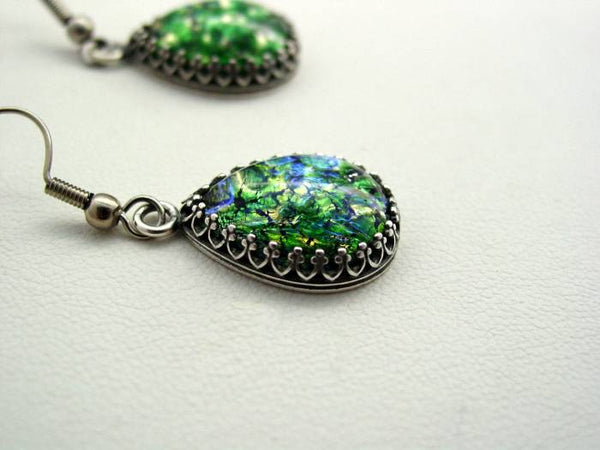 Fire Opal Emerald Earrings, Crown Setting, Glass Vintage Earrings, Oxidized Finish