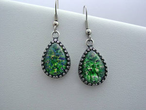 Fire Opal Emerald Earrings, Crown Setting, Glass Vintage Earrings, Oxidized Finish