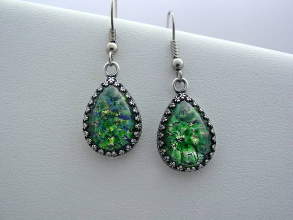 Emerald Fire Opal Earrings Crown Setting Earrings Oxidized Finish