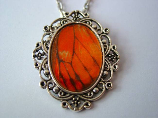 Butterfly Wing Necklace Gulf Fritillary Butterfly Wing Floral Filigree Necklace or Keychain