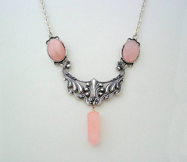 Art Nouveau Necklace Pink Rose Crystal Point Floral Drop Necklace