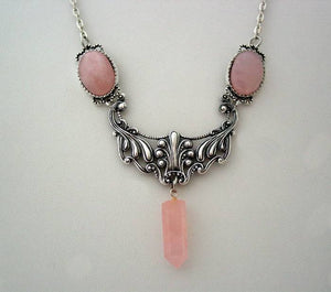 Art Nouveau Necklace Pink Rose Crystal Point Floral Drop Necklace