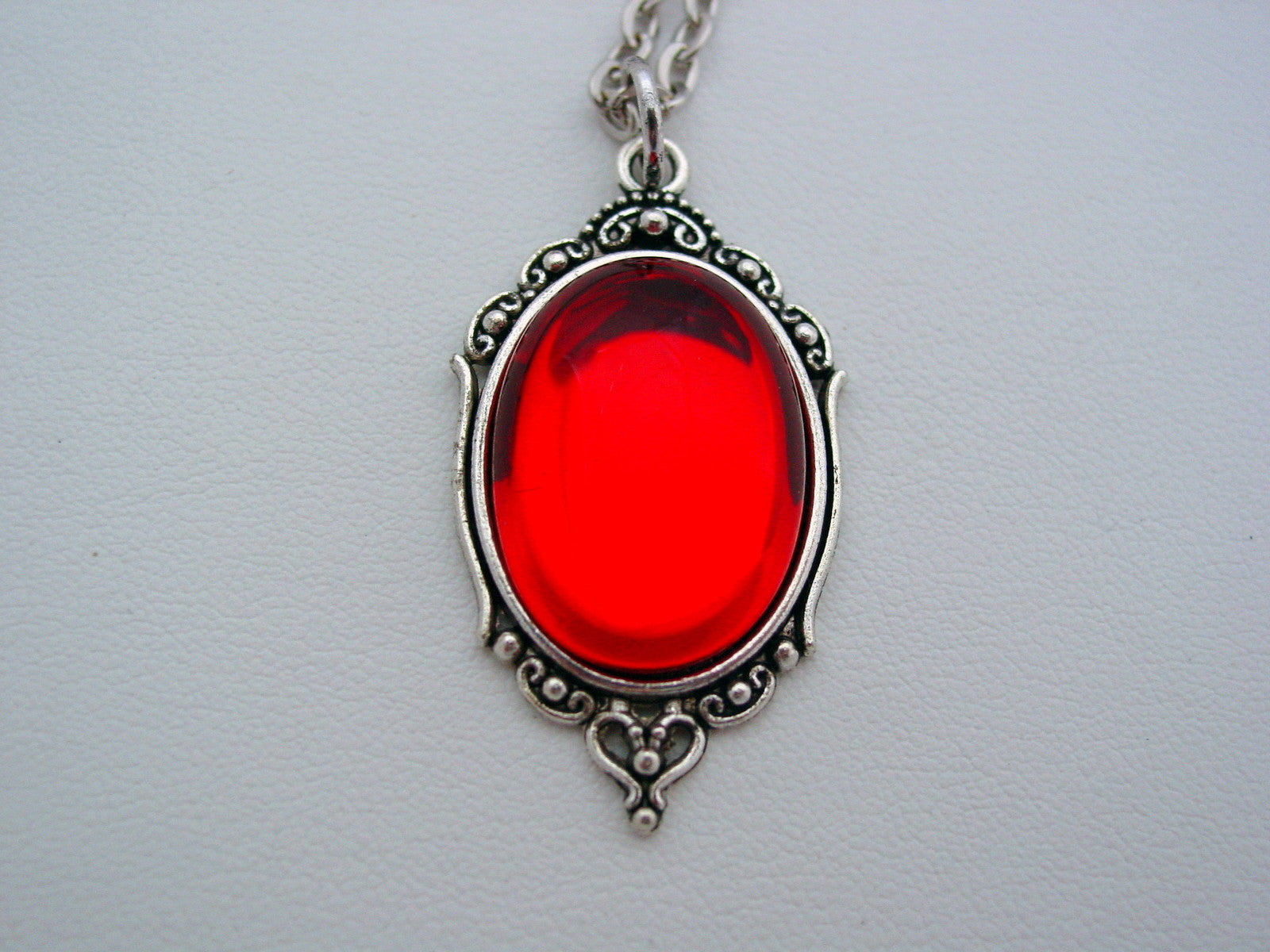 Art Nouveau Deep Ruby Red Necklace Vintage Czech Smooth Glass Picture Frame Style Necklace