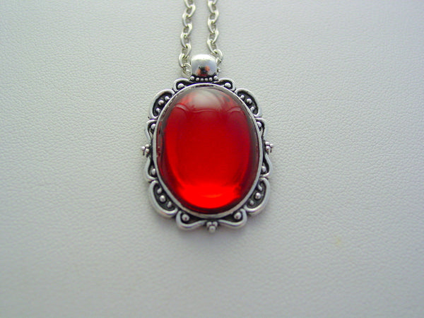 Deep Ruby Red Necklace Vintage Czech Cabochon Oval Filigree Picture Frame Style Necklace