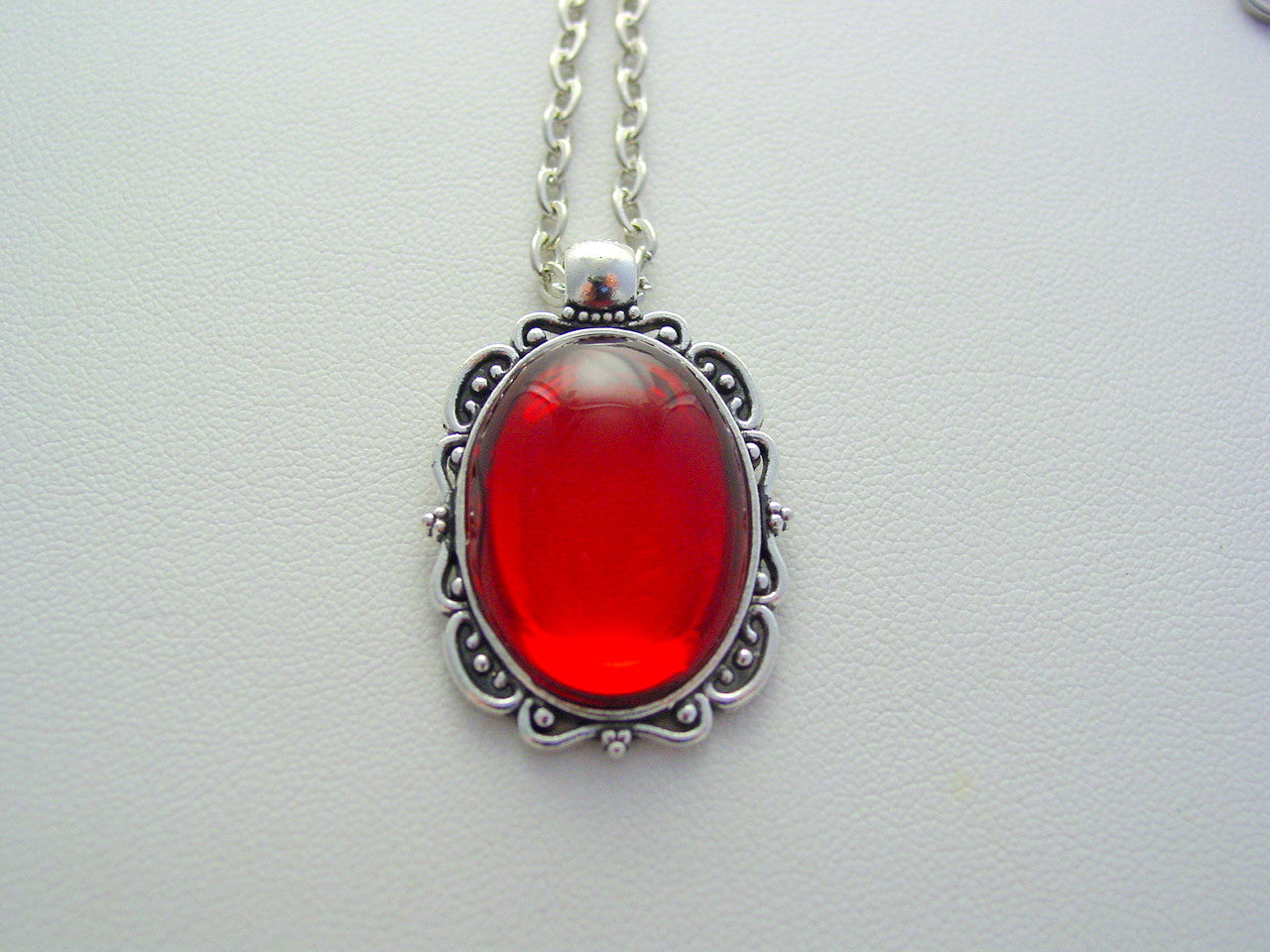 Deep Ruby Red Necklace Vintage Czech Cabochon Oval Filigree Picture Frame Style Necklace