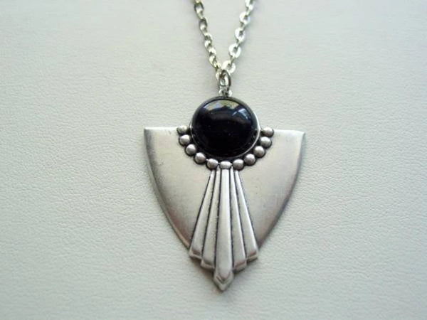 Art Deco Style Gemstone Black Sunstone Necklace, Art Deco Gemstone Pendant