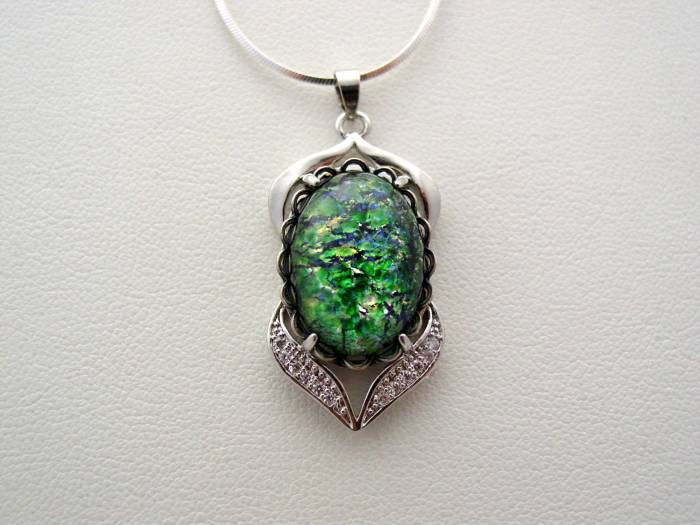 Emerald Green Fire Opal Cubic Zirconia Necklace, Sterling Silver Flat Snake Chain, Fire Opal Necklace