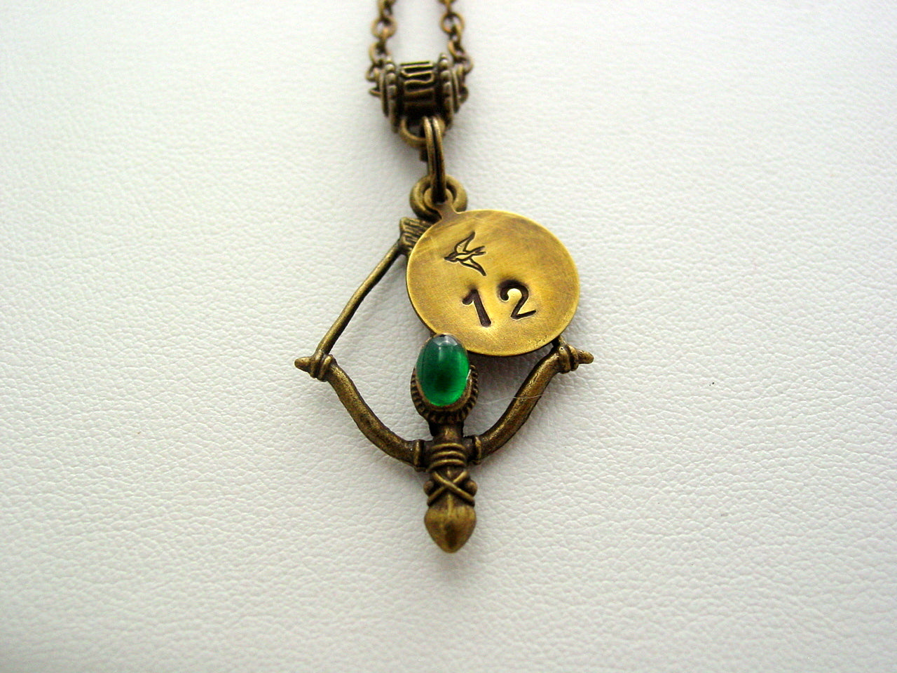 Hunger Games Bow Green Gem Hand Stamped 12 Mockingjay Antique Bronze Necklace