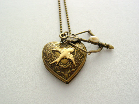 Hunger Games Heart Locket Mockingjay Bow Antique Bronze Necklace