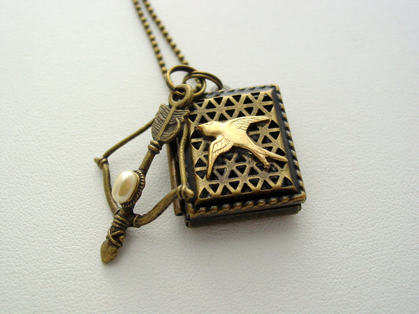 Hunger Games Antique Bronze Locket Mockingjay Bow Necklace