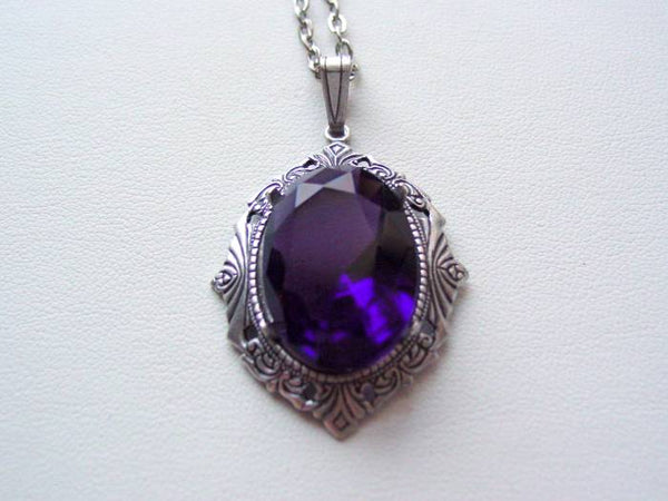 Art Deco Style Amethyst Faceted Crystal Necklace, Drop Necklace, Vintage Glass