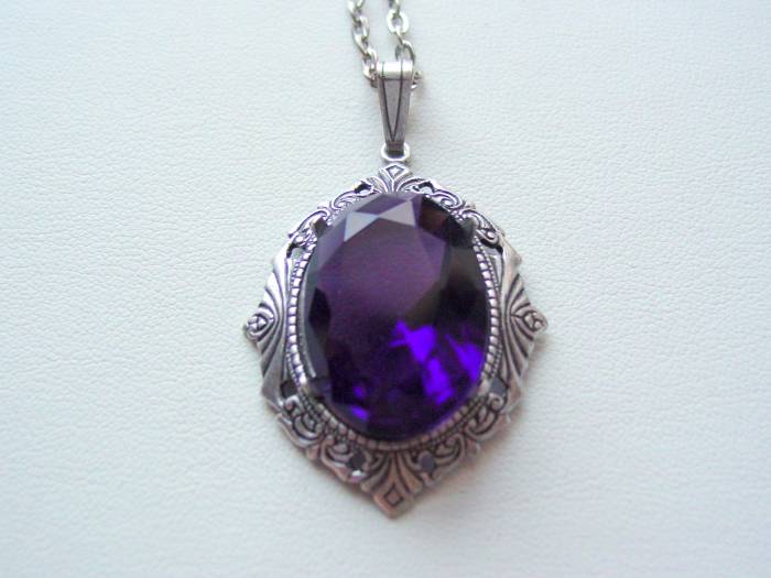 Art Deco Amethyst Faceted Crystal Necklace, Drop Necklace, Oxidized Finish, Vintage Glass