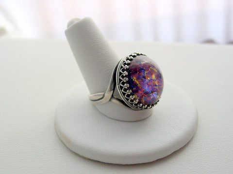 Amethyst Fire Opal Vintage Glass Crown Style Open Band Fire Opal Oxidized Finish Ring