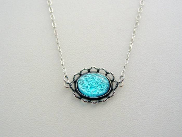 Victorian Style Fire Opal Necklace, Scalloped Lace Aqua Antique Silver Finish Pendant