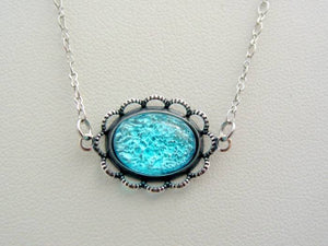 Victorian Style Fire Opal Necklace, Scalloped Lace Aqua Antique Silver Finish Pendant