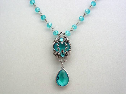Victorian Aquamarine Necklace Crystal Teardrop Layered Drop Rosary Chain Necklace