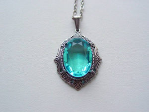 Art Deco Aqua Faceted Crystal Necklace, Drop Necklace, Oxidized Finish, Vintage Glass