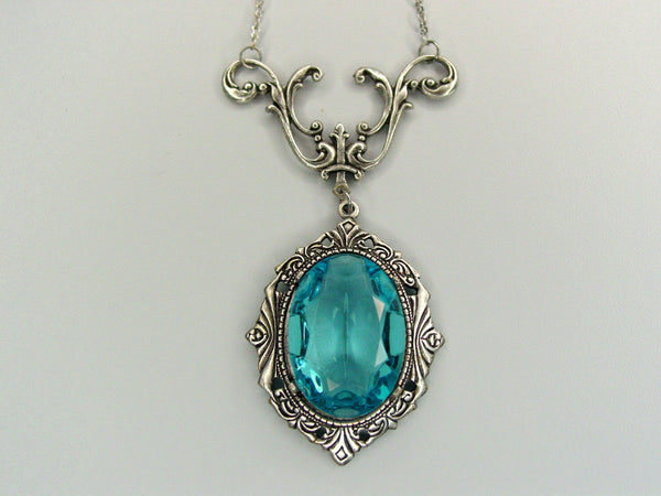 Art Nouveau Aqua Drop Necklace Vintage Czech Glass Oxidized Finish Necklace
