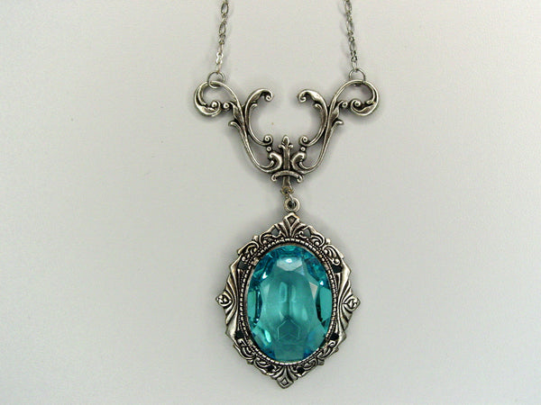 Art Nouveau Aqua Drop Necklace Vintage Czech Glass Oxidized Finish Necklace