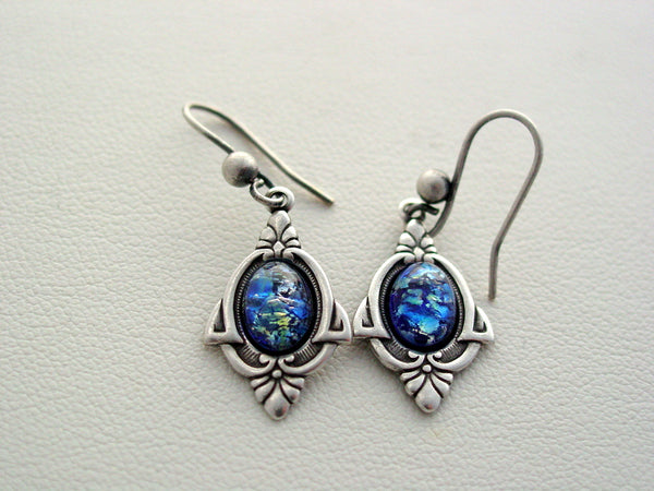 Art Deco Style Sea Blue Earrings, Fire Opal Earrings, Blue Opal Glass Earrings