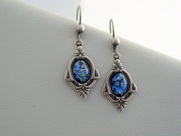 Art Deco Sea Blue Earrings, Fire Opal Earrings, Cobalt Blue Fire Opal Glass Earrings