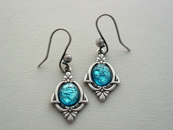 Art Deco Aqua Blue Earrings, Fire Opal Earrings, Dragon Skin Earrings